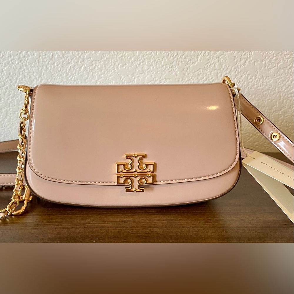 Tory Burch Patent Leather- Pink Gold Crossbody Bag with Chain Strap. With Tag.